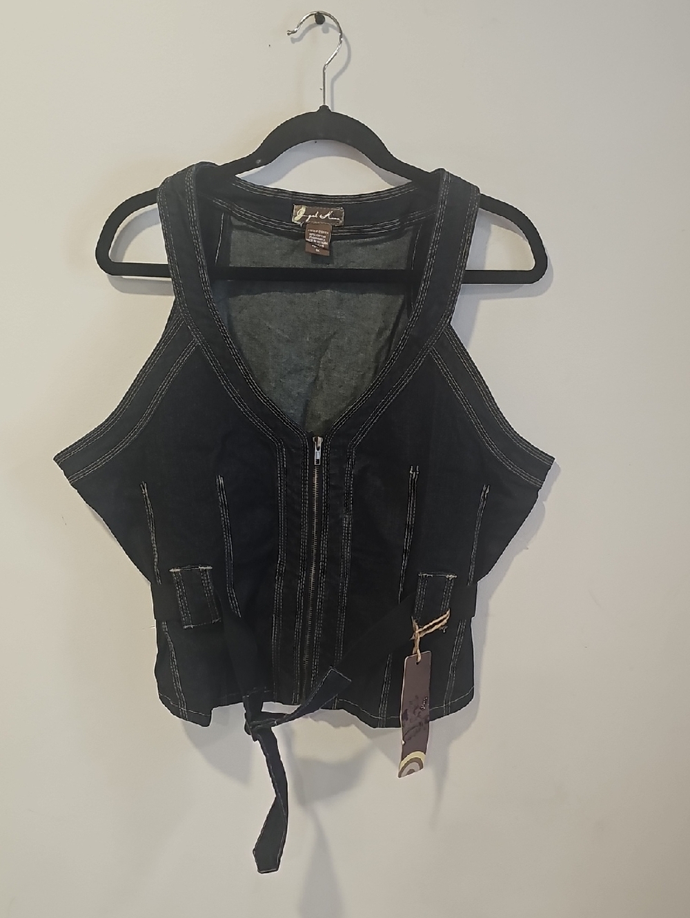 Angel Kiss Blue Denim Zip-Front Vest with Tie Hem